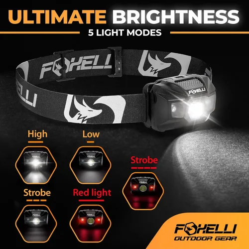 Miniatura 2 de Foxelli Linterna frontal LED recargable USB‑C – Ultraligero 2.4 oz y brillante 180 lúmenes – Luz roja/blanca, 5 modos, IPX5 impermeable, 40 horas