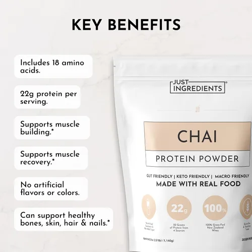 Miniatura 8 de JUST INGREDIENTS Chai Proteína en polvo – Mezcla de 30 porciones con suero 100% alimentado con pasto y proteínas vegetales orgánicas – Sabor cálido