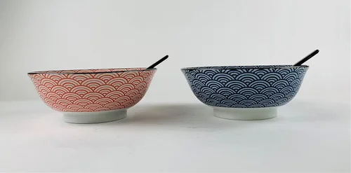 Miniatura 4 de JapanBargain 4694 - Juego de 2 cuencos de sopa y cucharas japonesas grandes de porcelana japonesa, cuencos de ramen con patrón de gato de la suerte