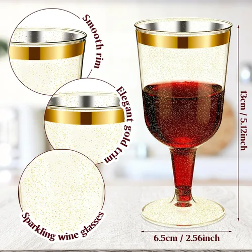Miniatura 3 de CHENGU 100 copas de vino de plástico de 7 onzas con borde dorado con base extraíble para bodas, fiestas, cumpleaños, aniversario, brindis de champán