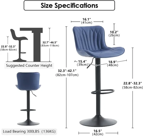 YOUNIKE Bar Stools Set of 2, Rotating Height Adjustment, Faux Leather Upholstery, Bar Chairs, Counter Stool, Modern BarStools Kitchen Stool with