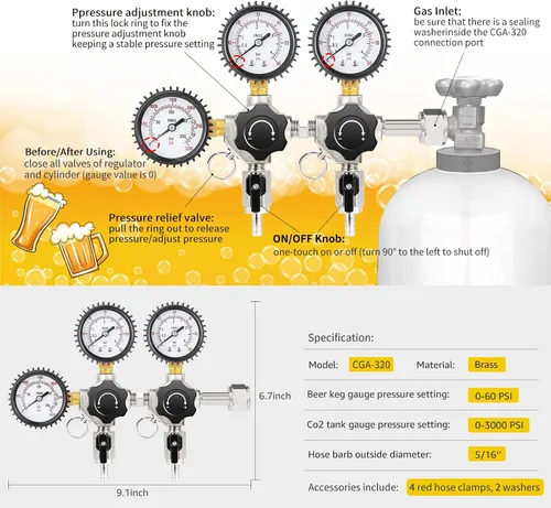 Miniatura 4 de Regulador de CO2 para dispensador de torre de cerveza de barril doble Kegerator, regulador de barril dual Regulador de presión de cerveza de CO2