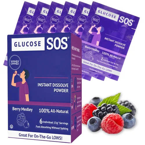 Glucose SOS Polvo de glucosa con mezcla de bayas, paquetes de dextrosa natural, absorción rápida, se disuelve al instante, no se necesita agua, 6
