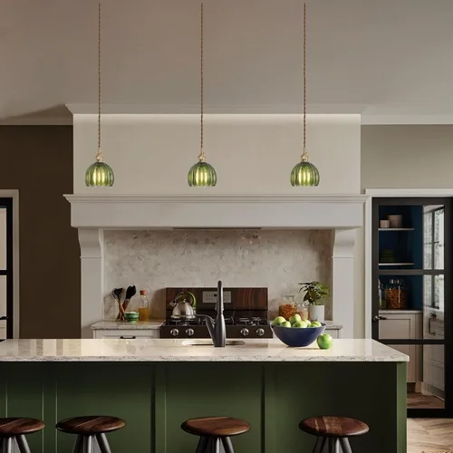 Miniatura 3 de Shenmoyl Lámpara colgante con pantalla de cristal de tulipán verde, lámpara colgante vintage de latón, luz colgante ajustable para cocina, isla