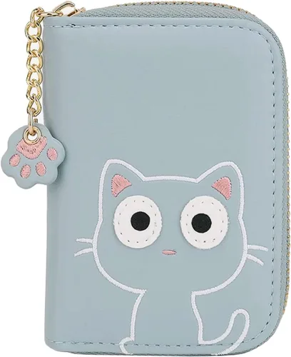 Sunwel Fashion Lindo portatarjetas con diseño de gato pequeño - Estuche para tarjetas con cremallera de acordeón, bolsillos para efectivo, monedero