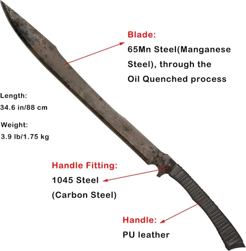 Miniatura 2 de Espada machete de acero al manganeso de espiga completa hecha a mano de 34.6 pulgadas con funda para práctica, uso al aire libre