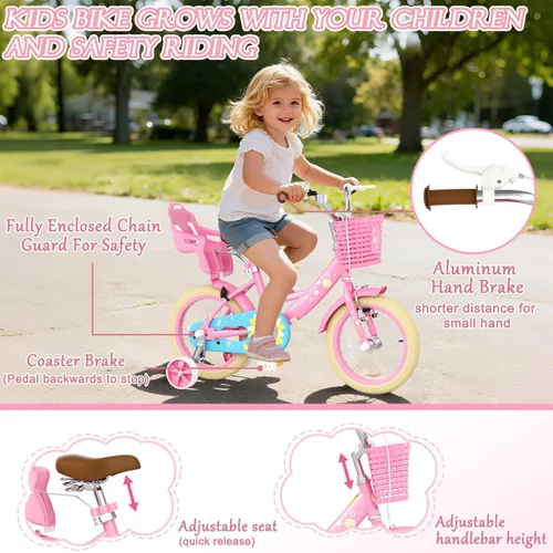 Miniatura 3 de Glaf Bicicleta para niñas de 12, 14, 16, 20 pulgadas, con ruedas de entrenamiento para niños de 2 a 12 años, bicicleta con cesta y asiento