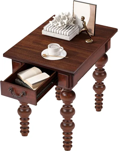 Miniatura 12 de Homora Mesa auxiliar rectangular de madera con cajón de almacenamiento, mesa de cóctel vintage con patas de madera maciza en forma de calabaza, mesa