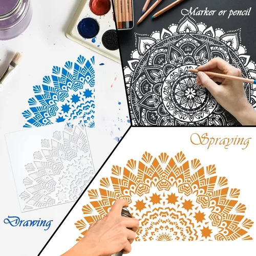 Miniatura 3 de 8 Piezas Plantillas de Pintura de Mandala - Plantillas Reutilizables de Diseño Floral para Pared DIY, Azulejos, Muebles, Lienzo, Decoración