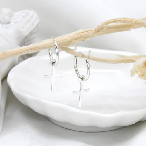 Miniatura 3 de AeraVida Pendientes de aro de plata de ley con cruz religiosa esencial, Metal