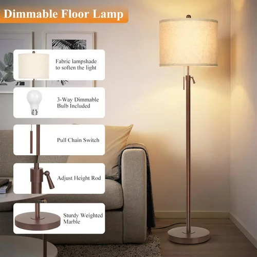 Miniatura 4 de Qingmiao Lámpara de pie de metal marrón para sala de estar, lámpara de pie de altura ajustable, luz de poste para dormitorio, con pantalla de lino