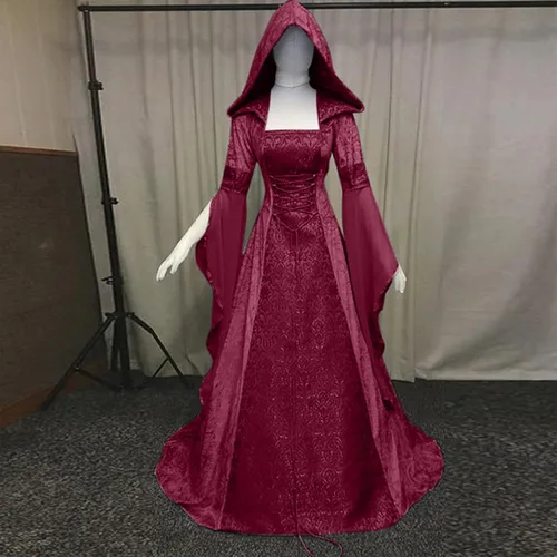 Miniatura 5 de SHOPESSA - Vestido gótico con capucha medieval, vestido renacentista, manga con volantes, estilo victoriano, con corsé, rojo