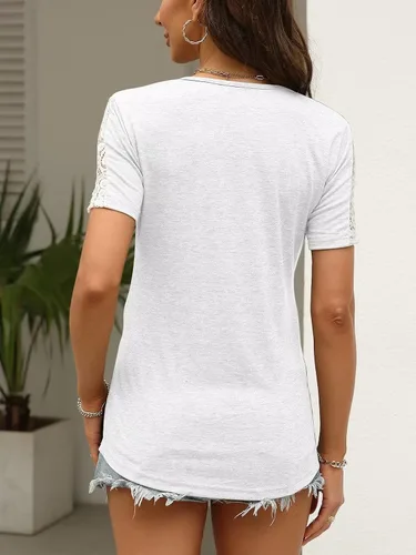 Miniatura 5 de Eachyes Camisetas de encaje de manga corta con cuello en V para mujer, blusas casuales de verano