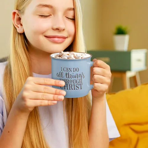 Miniatura 5 de Regalos de Arte Cristiano Taza de Café de Cerámica Estilo Campamento Azul – 13 oz. Taza de Café y Té Inspiradora con Escritura y Versículo