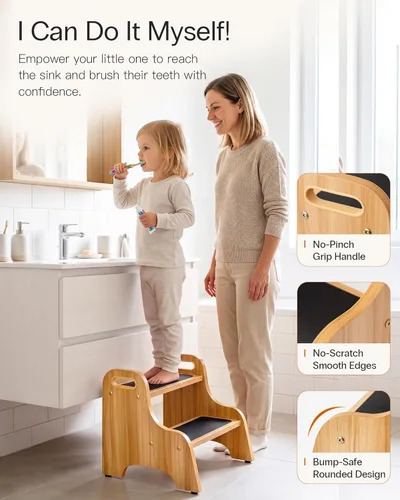 Miniatura 2 de StrongTek Taburetes de madera de 2 escalones para niños, superficie antideslizante segura con asas, capacidad de 350 libras, taburete portátil