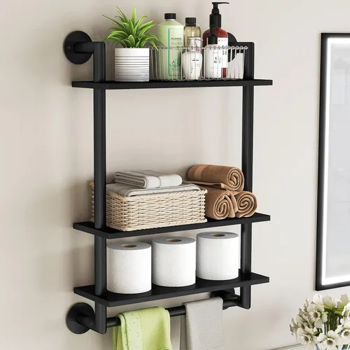 STWWO Estantes de baño montados en la pared, estante de baño negro de 3 niveles con toallero, toallero flotante de acero inoxidable de 26 pulgadas