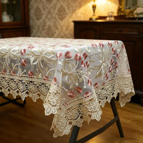 Miniatura 5 de Mantel de encaje rectangular elegante bordado para boda, banquete, fiesta de cumpleaños, mesa de comedor formal, cubierta a prueba de polvo