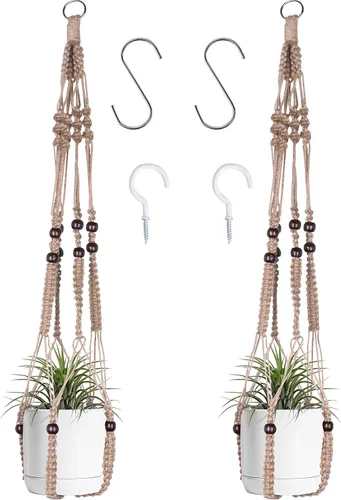Miniatura 3 de Colgador de macramé para colgar plantas de interior con cuentas de madera, macetas de macramé sin borlas, para interiores y exteriores, decoración