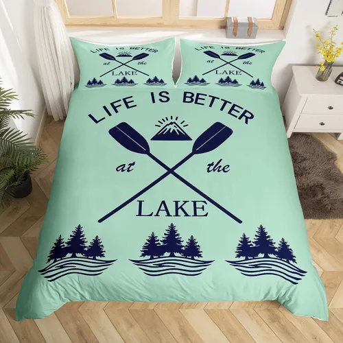 Miniatura 19 de Erosebridal Juego de ropa de cama individual con diseño de peces de lubina, la vida es mejor en el lago, funda de edredón para niños y niñas, funda