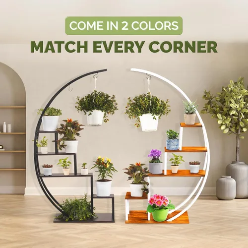 Miniatura 4 de IDZO - Estantería de metal en forma de media luna para plantas, estantes múltiples para interiores, marrón oscuro, ideal para la decoración