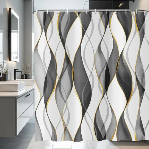 deFouliao Cortina de ducha negra abstracta moderna a rayas, arte de mármol ondulado para baño, decoración del hogar, hotel de lujo, tela impermeable
