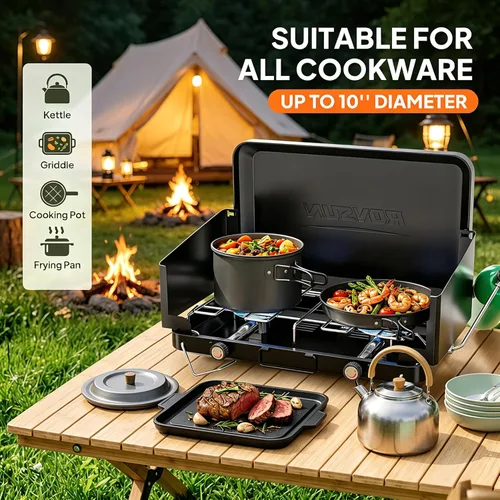 Miniatura 2 de ROVSUN 20000 BTU Propane Camping Stove with Adapter, 2 Burner Tabletop Portable Propane Camp Stove with Built-in Handle & Foldable Wind Panel for