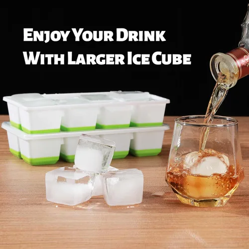 Miniatura 3 de Bandejas grandes para cubitos de hielo con tapa, paquete de 2 moldes apilables de silicona para congelador, fácil liberación, 16 bandejas de hielo