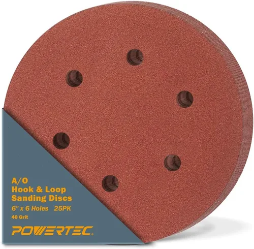 POWERTEC Grano 40, paquete de 25, discos de lijado de 6 pulgadas – Gancho y bucle, almohadillas de lijadora orbital de óxido de aluminio de 6