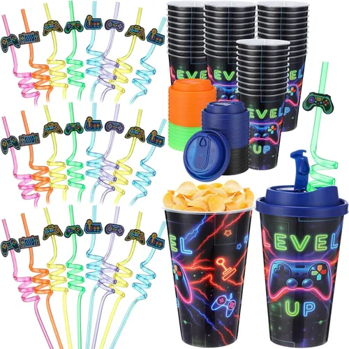 Miniatura 14 de Yungyan 16 juegos de tazas de golosinas con tapas y pajitas para decoraciones de cumpleaños, reutilizables, 16 onzas, vasos de plástico para dulces