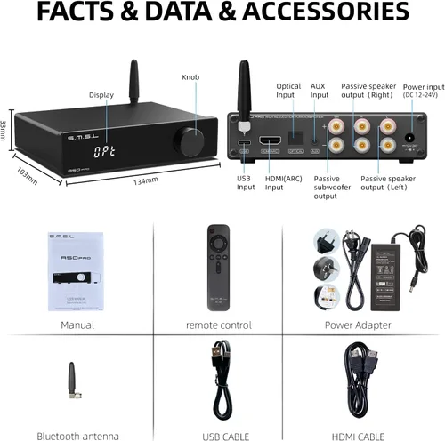Miniatura 8 de S.M.S.L A50Pro, LPF y HPF, amplificador de audio de 2.1 canales, potencia de salida de graves de 100 W, amplificador de audio estéreo HiFi Bluetooth