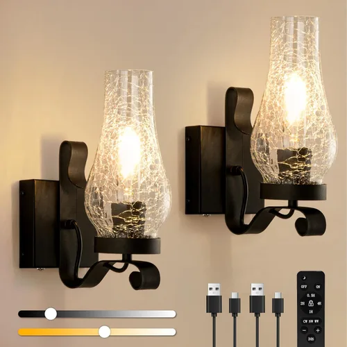 Miniatura 12 de Vintage Farmhouse Wall Sconces, Battery Operated Wall Lamps, Rechargeable Wall Lights, Ice Crackle Glass Rustic Non-Hardwired Antique Kerosene Wall