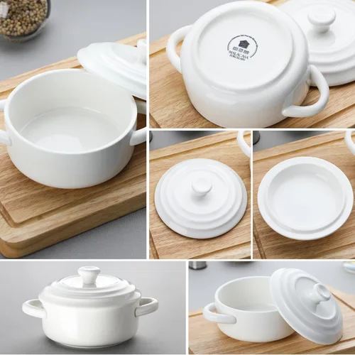 Miniatura 8 de MALACASA Mini Cocotte Set - 14 OZ (aproximadamente 396.89g) Platos pequeños de cazuela con tapas y asas, juego de 4 ollas holandesas mini de Blanco