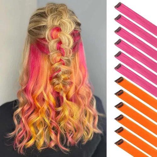 Miniatura 26 de FESHFEN Extensiones de cabello con clip de colores, 16 piezas de 8 colores resaltados, piezas de cabello sintético lacio con clip para mujer, 22