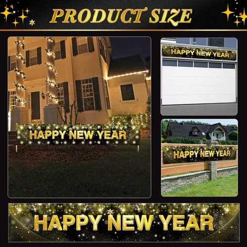 Miniatura 7 de Letrero grande de feliz año nuevo con luces LED para decoraciones de Navidad, cartel negro y dorado de 118 x 19.6 pulgadas con clips transparentes