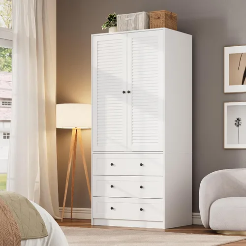 Miniatura 10 de GarveeHome Armario Armario, armario de madera de 69.5 pulgadas con 3 cajones, barra para colgar, armario de almacenamiento de ropa de 2 puertas