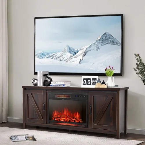 Miniatura 2 de Tangkula Soporte de TV con chimenea para televisores de hasta 65 pulgadas, mesa consola multimedia con puertas de granero, calentador eléctrico