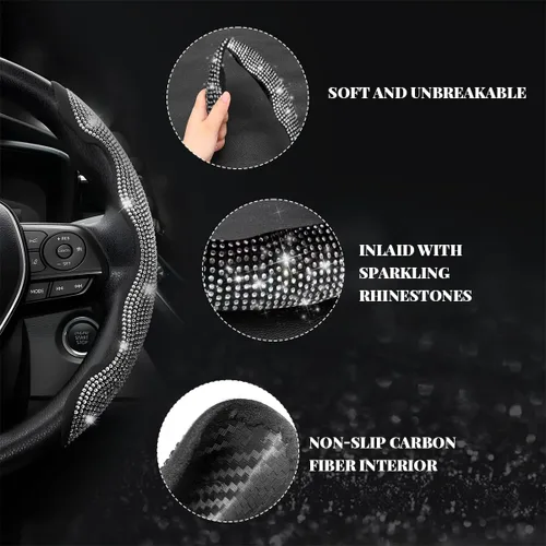 Miniatura 4 de 2 piezas fundas para volante, fundas para volante de automóvil segmentadas con cristales de imitación, protector antideslizante decoración brillante