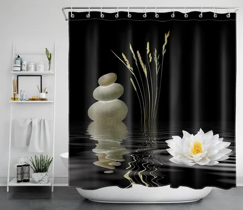 Miniatura 14 de LB Cortina de ducha asiática de piedra zen, cortina de ducha japonesa para baño, cortinas de baño de tela negra de 48 x 72 pulgadas con ganchos