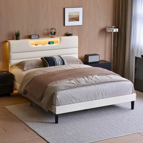 Miniatura 8 de OURPIC - Marcos de cama tamaño Queen con cabecero tapizado, cama moderna con plataforma y estación de carga y luces LED, marco de cama con listones
