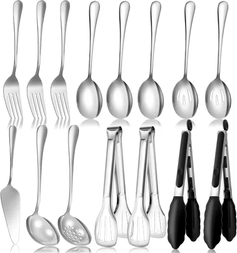 Miniatura 9 de Juego de utensilios de servir dorados para fiestas, cucharas grandes de servir de acero inoxidable, cucharas ranuradas, tenedores, pinzas, cucharas