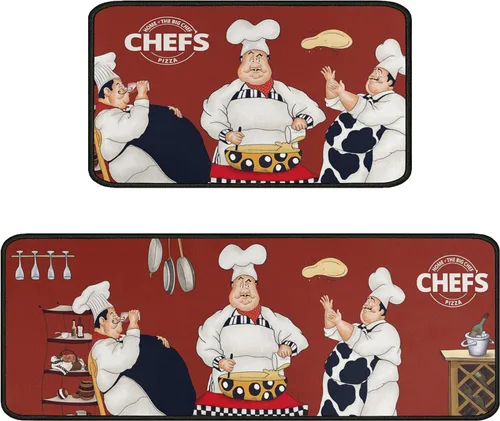 Fat Chef - Juego de 2 alfombras y tapetes de cocina, alfombras rojas para decoración de cocina, tapetes con respaldo de goma antideslizante para