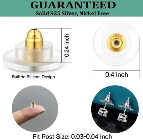 Miniatura 6 de Catinee 3 pares de respaldos de aretes de plata de ley, ajuste hipoalergénico con cierre de 0,028-0,039 pulgadas (blanco+oro)