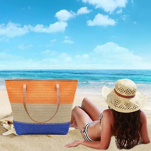 Miniatura 113 de Bolso grande de paja para mujer, tejido de ratán, bolso de playa de verano, a rayas