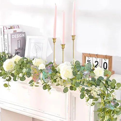 Miniatura 3 de Yastouay - 2 piezas de guirnalda de flores blancas de 13.1 pies con mariposas, eucalipto artificial con flores, vid de rosa falsa para centro