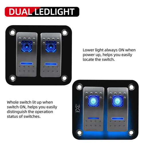 Miniatura 2 de FXC Interruptor basculante Panel de aluminio 2 Gang Interruptores de palanca Dash 5 Pin ON/OFF 2 LED retroiluminado para barco coche azul marino