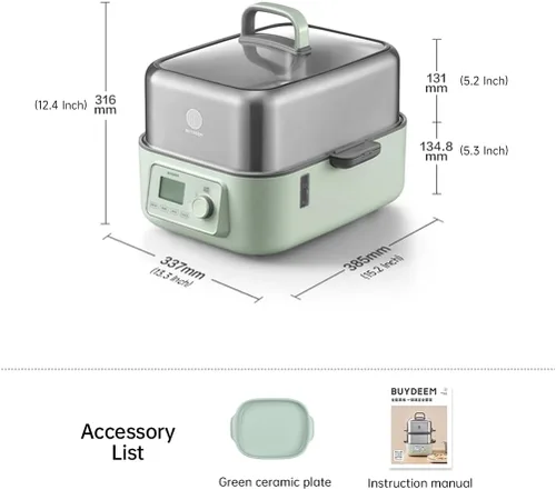 Miniatura 6 de BUYDEEM G67US Vaporera Eléctrica de Alimentos para Cocinar, Vaporera de Acero Inoxidable de 1 Nivel con Modo Manual, 1500W, 7 Cuartos, Verde