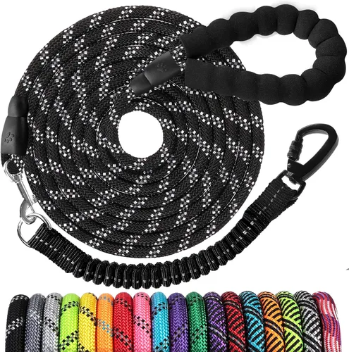 Miniatura 9 de Correa de perro de cuerda de 3 pies: correa resistente con gancho giratorio bloqueable, hilos reflectantes, bungee y asa acolchada - Correa