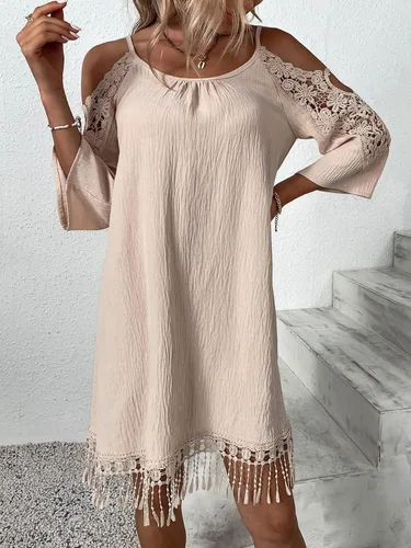 Miniatura 4 de WDIRARA Vestido corto de encaje con hombros descubiertos y cuello redondo, dobladillo con flecos para mujer