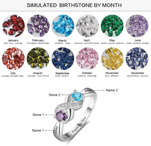 Miniatura 2 de Anillo personalizado para madres infinitas con 2 piedras natales redondas simuladas, anillos de compromiso para mujer