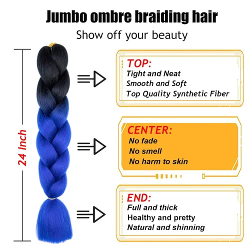 Miniatura 3 de 3 paquetes de extensiones de cabello sintético para trenzar de color negro a azul, tamaño jumbo ombré, de 24 pulgadas o trenzas de ganchillo
